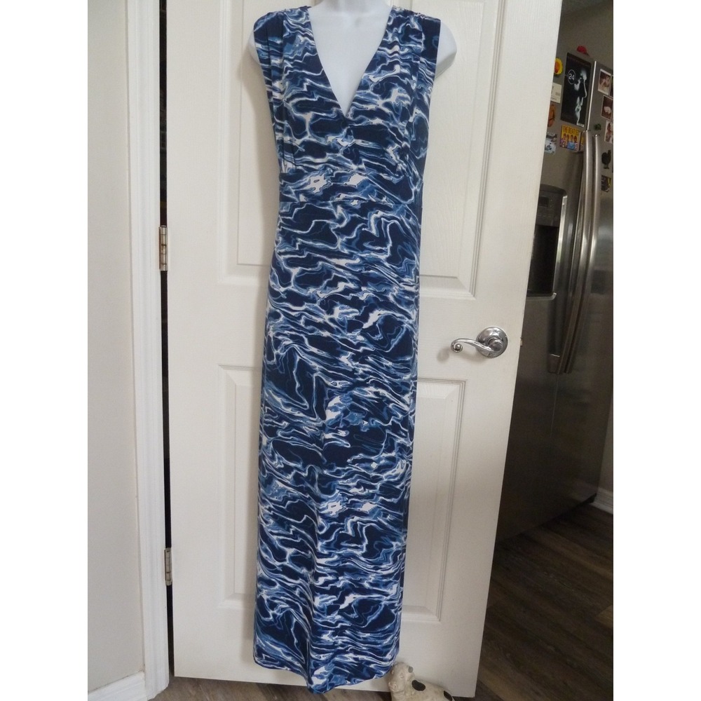 Chico's Sz 2 Large Empire Waist Maxi Dress Deep V-Neck Blue White Water Print